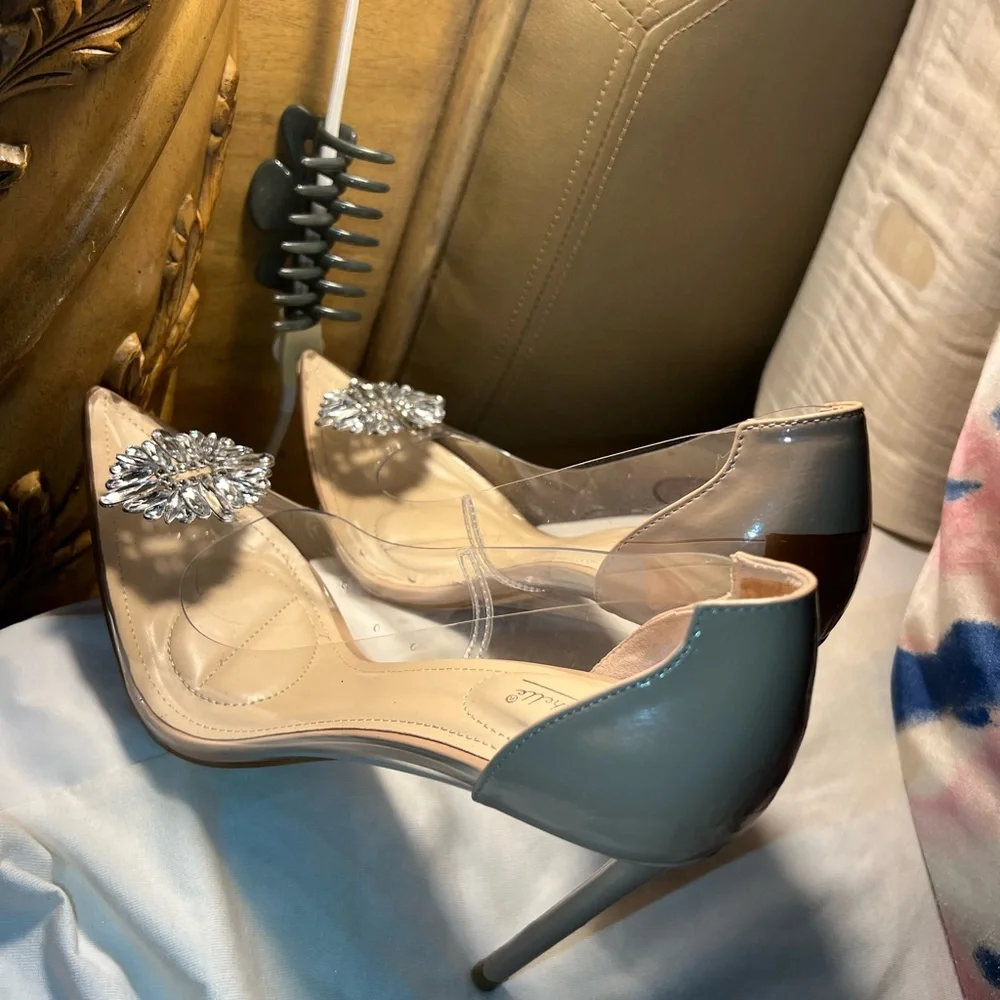Size 11 transparent & tan Anne Michelle heels with bling on the  front of shoes - Picture 7 of 14